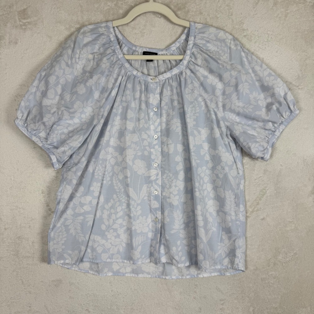 Ann Taylor Blue White Floral Puff Sleeve Cottagecore Peasant Blouse Top L Petite